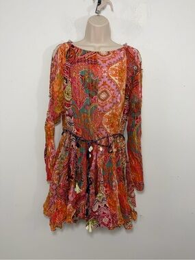 ZARA WOMAN  paisley SHORT MINI Dress Large MULTICOLOR Shells Belted long sleeve